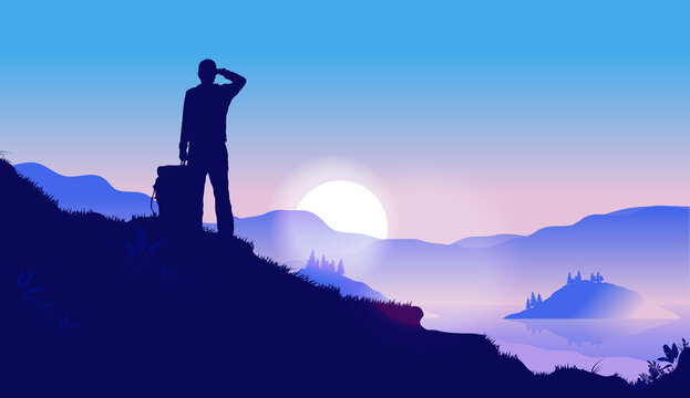 Hiker watching sunrise from hill - Male person looking at beautiful view, enjoying the start of a new day. Happiness, positive and contentment concept. Vector illustration.