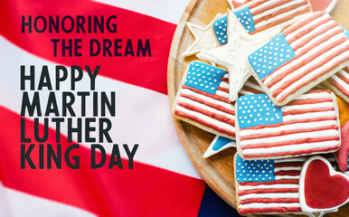 Fototapeta na wymiar national federal holiday in USA Martin Luther King Day MLK background, homemade cookies icing like usa flag 