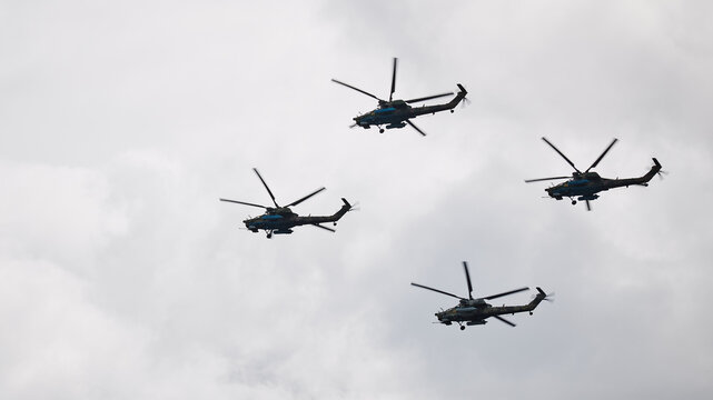 Several attack helicopter gunships of the Russian Federation (MI-28N) during training in Russia