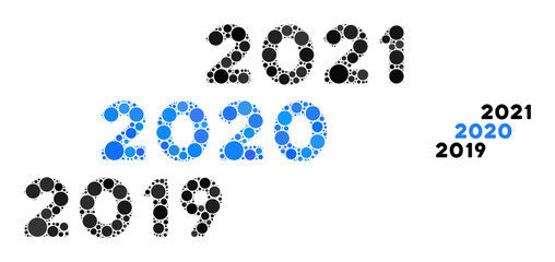 2019 - 2021 years mosaic of dots in various sizes and color tints. Vector round dots are organized into 2019 - 2021 years mosaic. 2019 - 2021 years isolated on a white background.