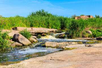 View of Tokovsky waterfalls on the Kamenka river in Dnipropetrovsk region, Ukraine