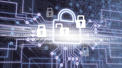 Digital lock icon and city background, concept of data security