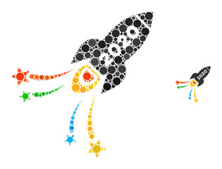 2020 fireworks rocket collage of dots in variable sizes and color tinges. Vector round dots are combined into 2020 fireworks rocket collage. 2020 fireworks rocket isolated on a white background.