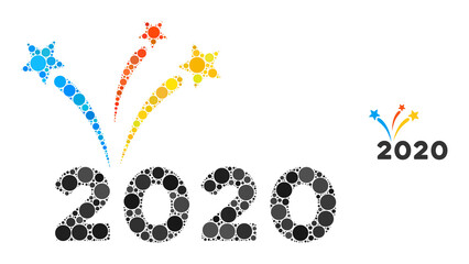 2020 fireworks collage of round dots in various sizes and shades. Vector round dots are composed into 2020 fireworks composition. 2020 fireworks isolated on a white background.