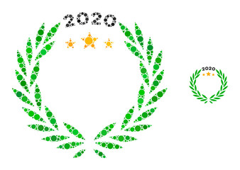 2020 laurel wreath collage of round dots in variable sizes and color tints. Vector round dots are combined into 2020 laurel wreath composition. 2020 laurel wreath isolated on a white background.