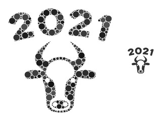 2021 bull composition of dots in variable sizes and color tones. Vector dots are composed into 2021 bull collage. 2021 bull isolated on a white background.