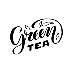Vector illustration of green tea brush lettering for package, banner, flyer, poster, bistro, café, shop signage, advertisement design. Handwritten text for template, sign, billboard, print 
