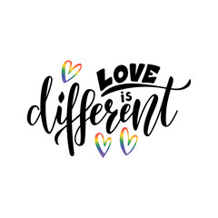Vector illustration of love is different lettering for banner, poster, logo, advertisement, postcard design. Handwritten text for web template or print can be used for St Valentines day decoration
