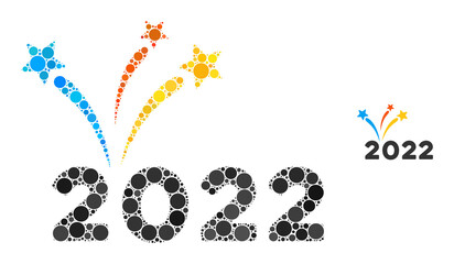 2022 fireworks mosaic of filled circles in variable sizes and color tinges. Vector filled circles are combined into 2022 fireworks mosaic. 2022 fireworks isolated on a white background.