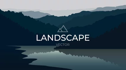 Tuinposter Zwart Vector landscape with silhouettes of mountains and water. Mountain lake. Nature background.