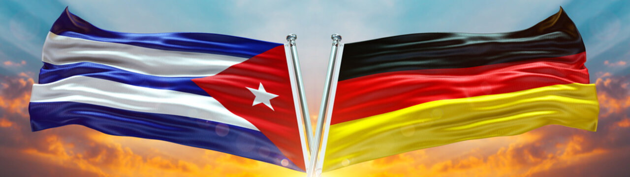 Double Flag Germany and Cuba flag waving flag with texture sky background