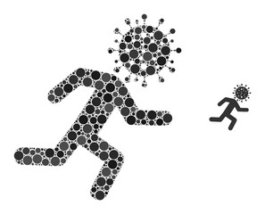 Running covid man composition of filled circles in different sizes and shades. Vector filled circles are combined into running covid man composition. Running covid man isolated on a white background.