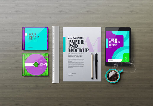 Stationery, Tablet, and CD Case Mockup