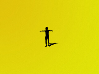 Fototapeta na wymiar Black silhouette of human figure with crossed arms, on yellow background. Digital illustration