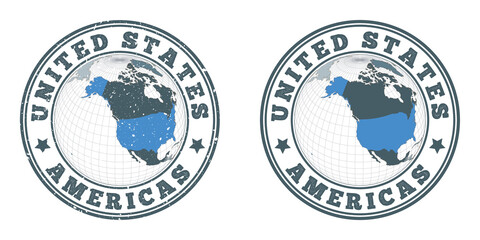 USA round logos. Circular badges of country with map of USA in world context. Plain and textured country stamps. Vector illustration.