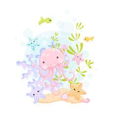 Jellyfish Vector Clip Art Illustration. Cute cartoon character. Sea life colorful background