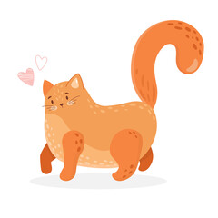 Cute, adorable, fat cat walking.  Cartoon childish illustration with kitty and hearts. Isolated on white background. Lovely pet. Perfect for cards, posters, t-shirt, stickers.