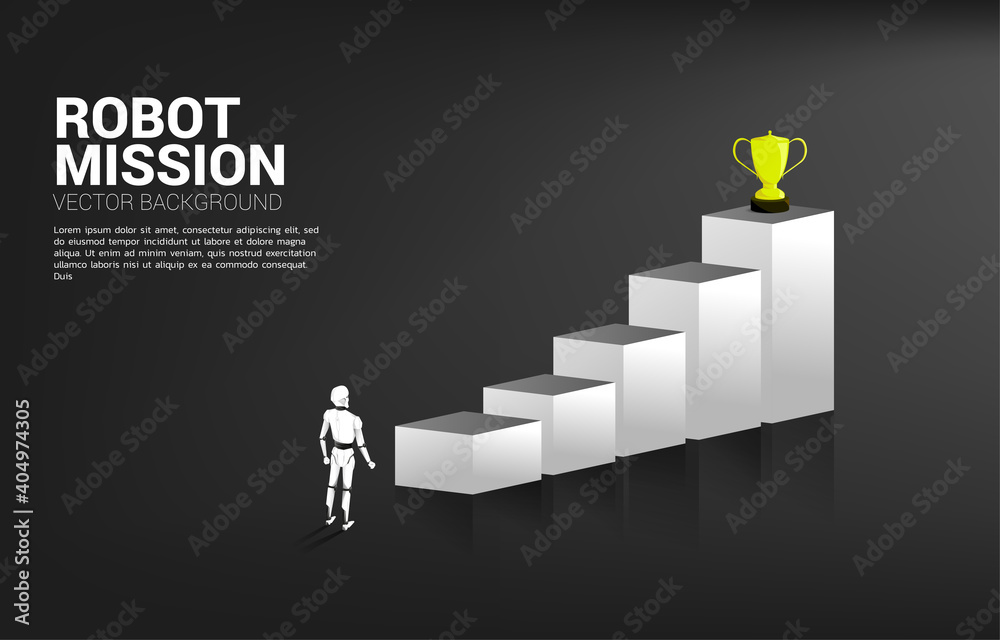 Poster Robot standing with bar chart and trophy on top of graph. concept of artificial intelligence and machine learning worker technology