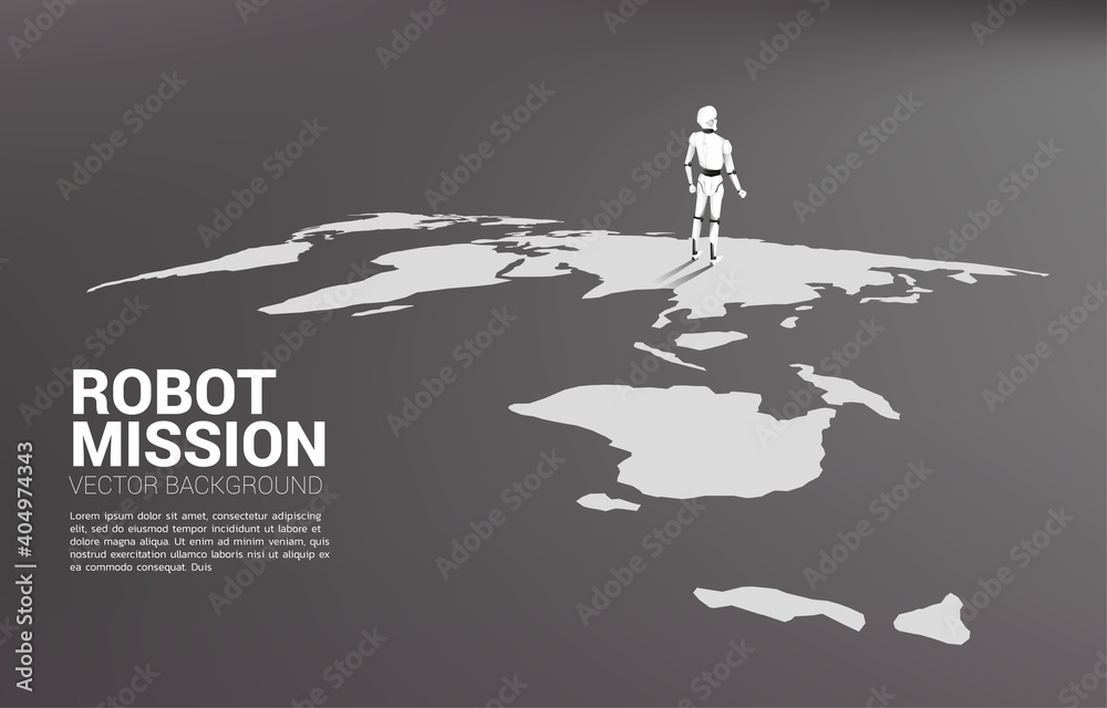 Aufkleber Robot standing on world map. concept of artificial intelligence and machine learning identity.