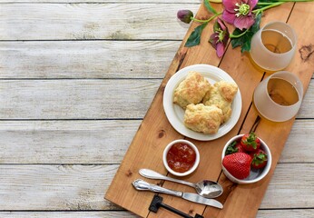 Celebratory Mother's Day brunch for breakfast in bed to honour Mom with gourmet scones and...