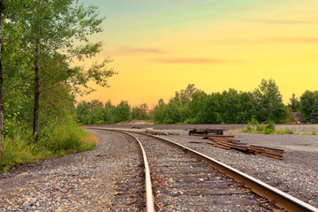 Fototapeta na wymiar Railway, industry, Sunset, Rouyn-Noranda, Quebec.