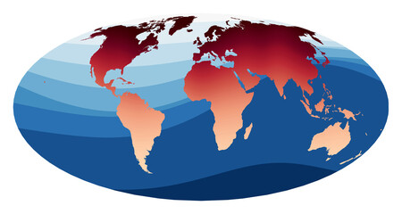 World Map Vector. Equal-area, pseudocylindrical Mollweide projection. World in red orange gradient on deep blue ocean waves. Attractive vector illustration.