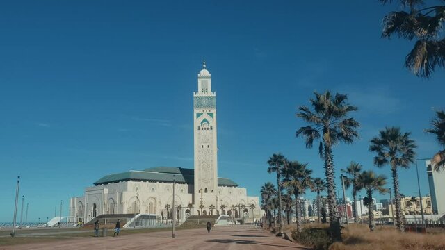 Casablanca, Morocco - 17 January 2021, View of Hassan II Mosque against blue sky at midday - Hassan II ParK