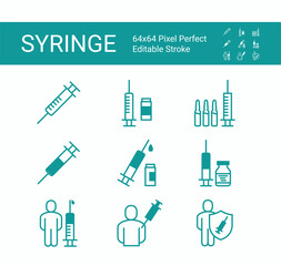 Syringe icon set. 64x64 Pixel Perfect. Editable Stroke.