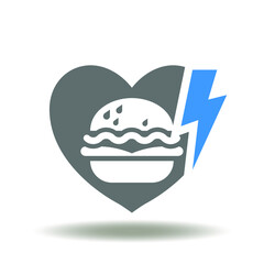 Heart with burger and lightning attention vector icon. Unhealthy fast food stop symbol.