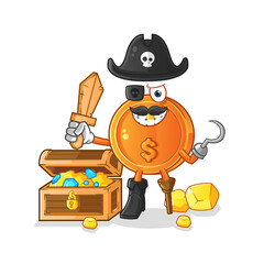 dollar coin pirate with treasure mascot. cartoon vector