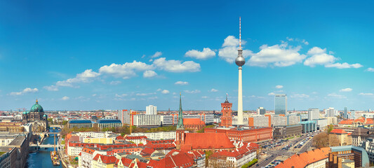Aerial view of central Berlin on a bright day in Spring, including river Spree and Alexanderplatz...