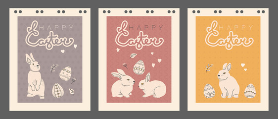 Vintage postcards Happy Easter. Easter bunny, eggs and elements. Vector EPS 10.