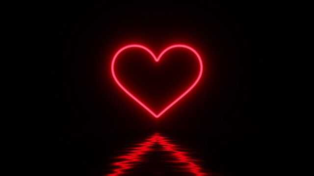 Glowing red neon light heart with distorted reflection on black background. Valentine's day design concept. 3D rendered image.