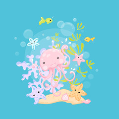 Fototapeta na wymiar Jellyfish Vector Clip Art Illustration. Cute cartoon character. Sea life colorful blue background 