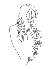 Continuous line Woman with flower. Abstract vector template in trendy minimalistic style for fashion, print, romantic collection, card, etc. One line drawing. Vector illustration.