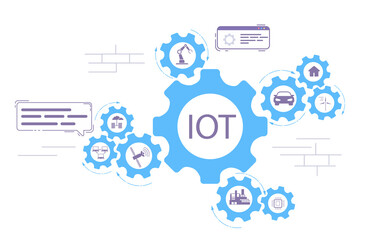 Internet of Things (IOT) banner. All device connections to the network are connected in the form of gears. Industry 4.0 concept infographic. Web page banner template with icons and name. Vector