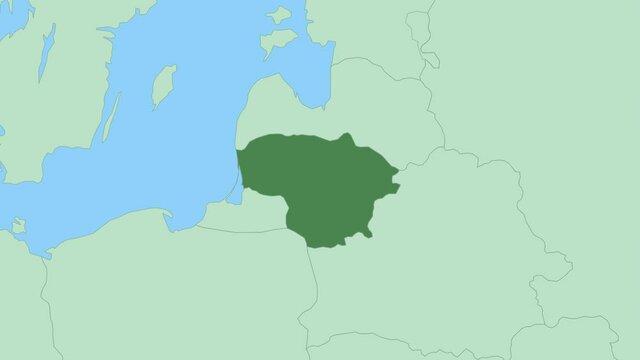 Map of Lithuania with pin of country capital. Lithuania Map with neighboring countries in green color.