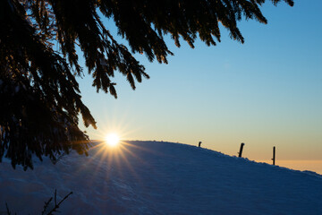 Sonnenuntergang auf dem Schauinsland im Schwarzwald mit Schnee & Tannen