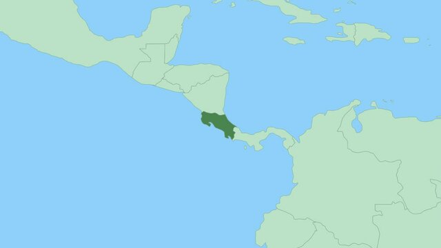 Map of Costa Rica with pin of country capital. Costa Rica Map with neighboring countries in green color.