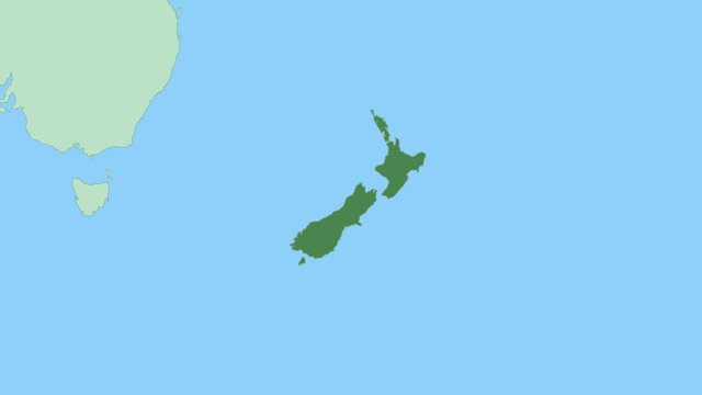Map of New Zealand with pin of country capital. New Zealand Map with neighboring countries in green color.