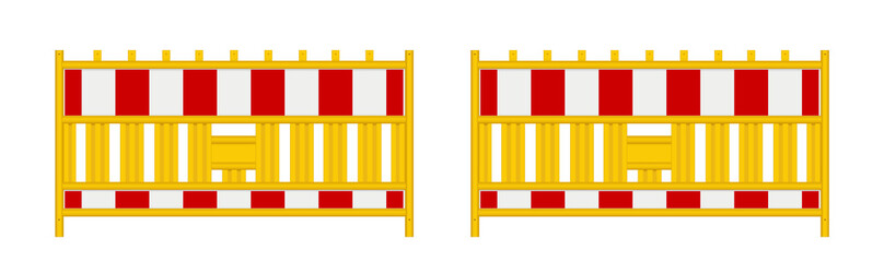 Baustellen Absperrschranke, Banner Schranken Set in weiß-gelb-rot,
Vektor Illustration isoliert auf weißem Hintergrund
