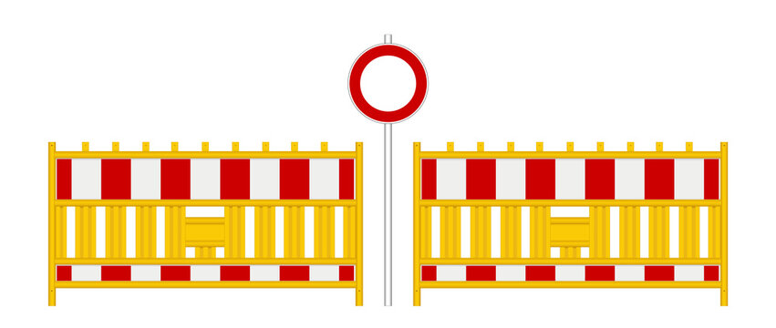Baustellen Absperrschranke mit Verbots-Schild, 
Banner Schranken Set in weiß-gelb-rot,
Vektor Illustration isoliert auf weißem Hintergrund
