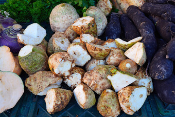 Celery root (celeriac) vegetable at a French farmers market