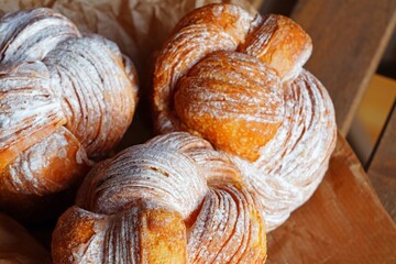 Fresh knotted puffed brioche, a cross between brioche and puff pastry