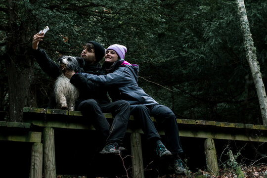 The Young Couple Are Sitting Down And Take Out A Selfie On A Wooden Plank Road In The Forest. Next To Them Is Their Shepherd Dog.