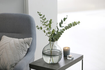 Vase with fresh eucalyptus branches on table in living room. Interior design