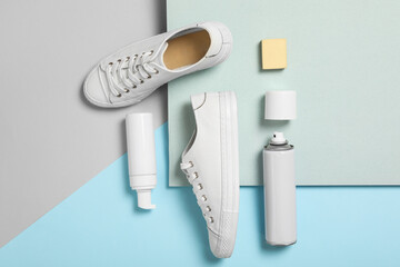 Fototapeta premium Flat lay composition with stylish footwear and shoe care accessories on color background
