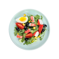Tasty crab stick salad isolated on white, top view