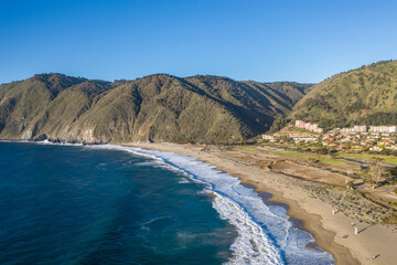 Aerial view of Playa Grande Beach at Quintay, Chile