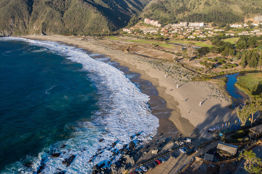 Aerial view of Playa Grande Beach at Quintay, Chile
